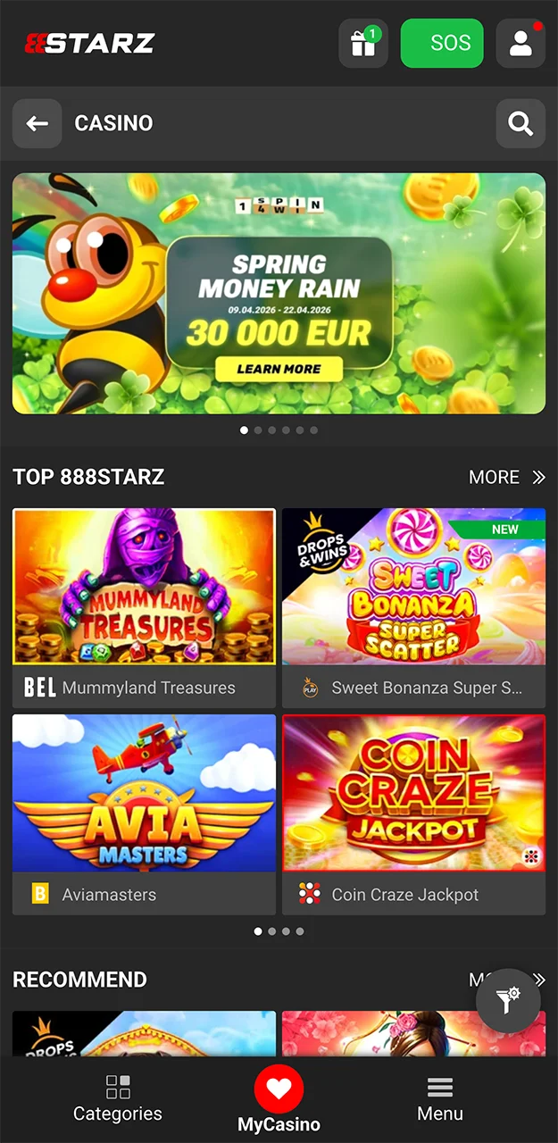 The Casino tab in the 888starz app.