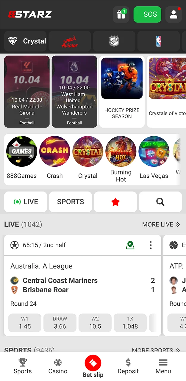 The home page in the 888starz app.