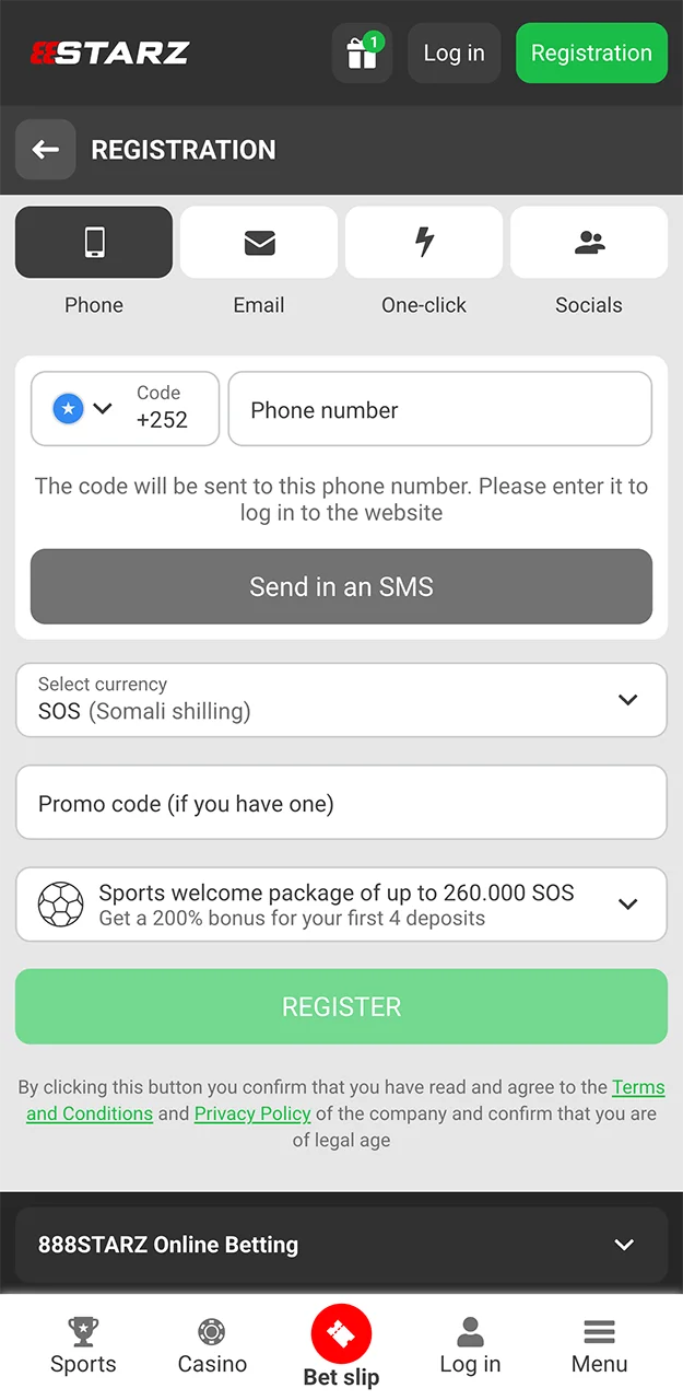 Quick registration form in the 888starz app.