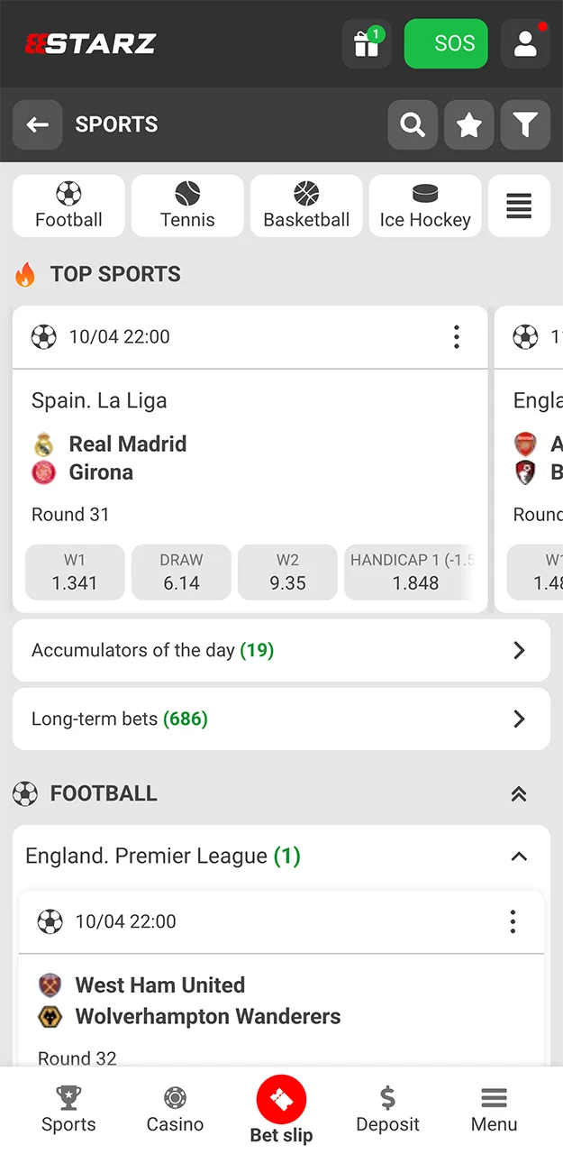 Betting on popular sports at the 888starz bookmaker.