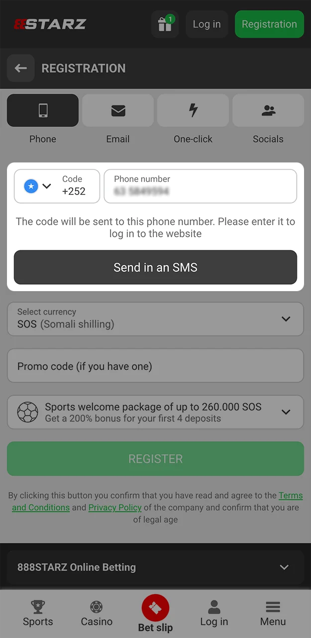 Please enter your mobile phone number carefully, as it is required to register with 888starz.