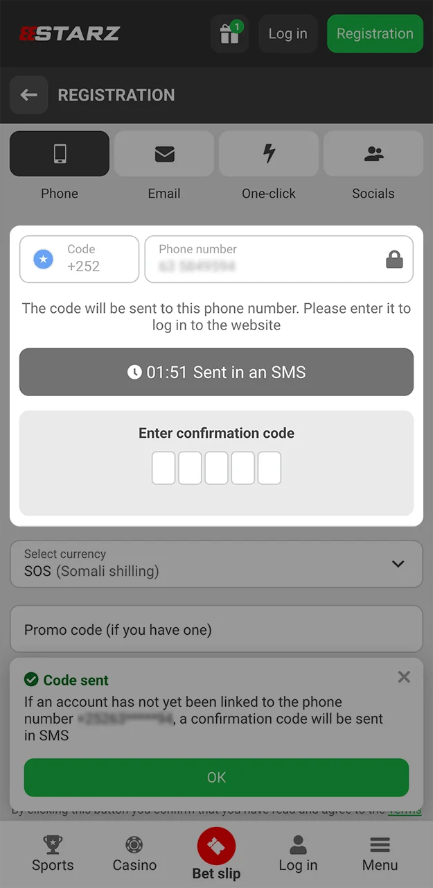 Enter and verify the registration code when creating an account on the 888starz website